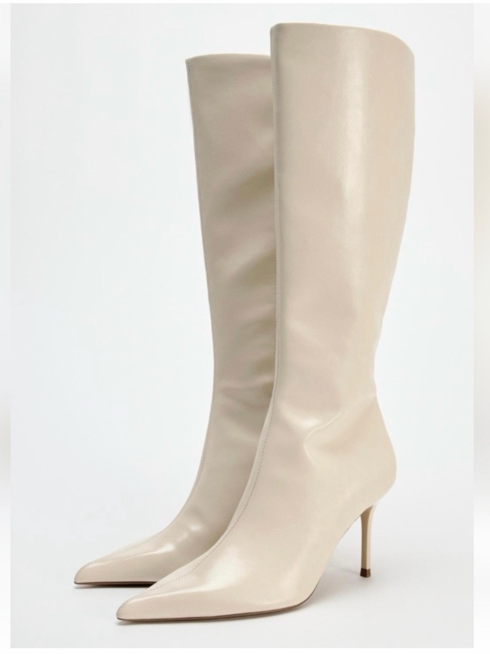 ZARA Knee-High Pointed Toe Boots in Cream